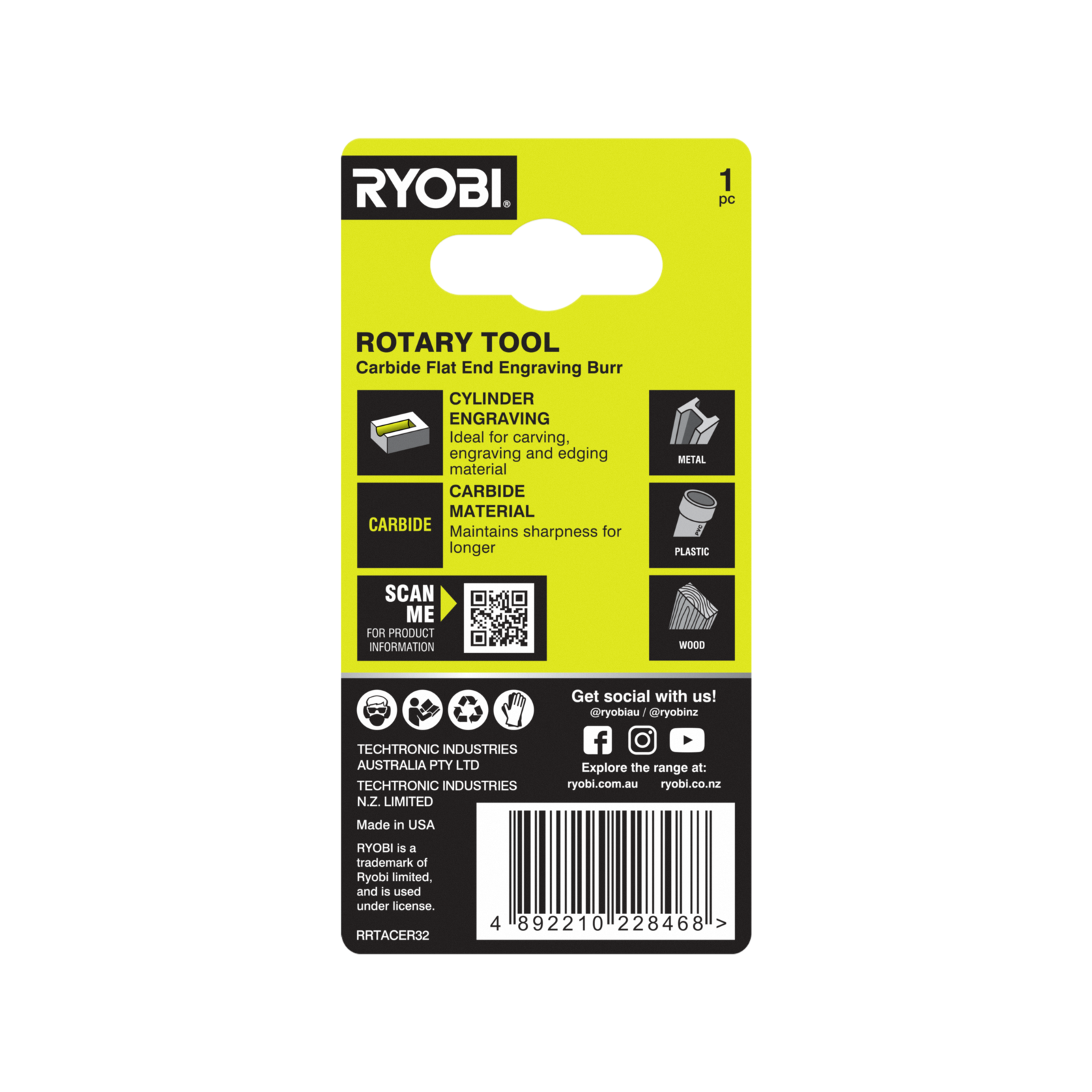 Ryobi 3.2mm Rectangle Carbide Burr for Rotary Tools - Engraving and Carving
