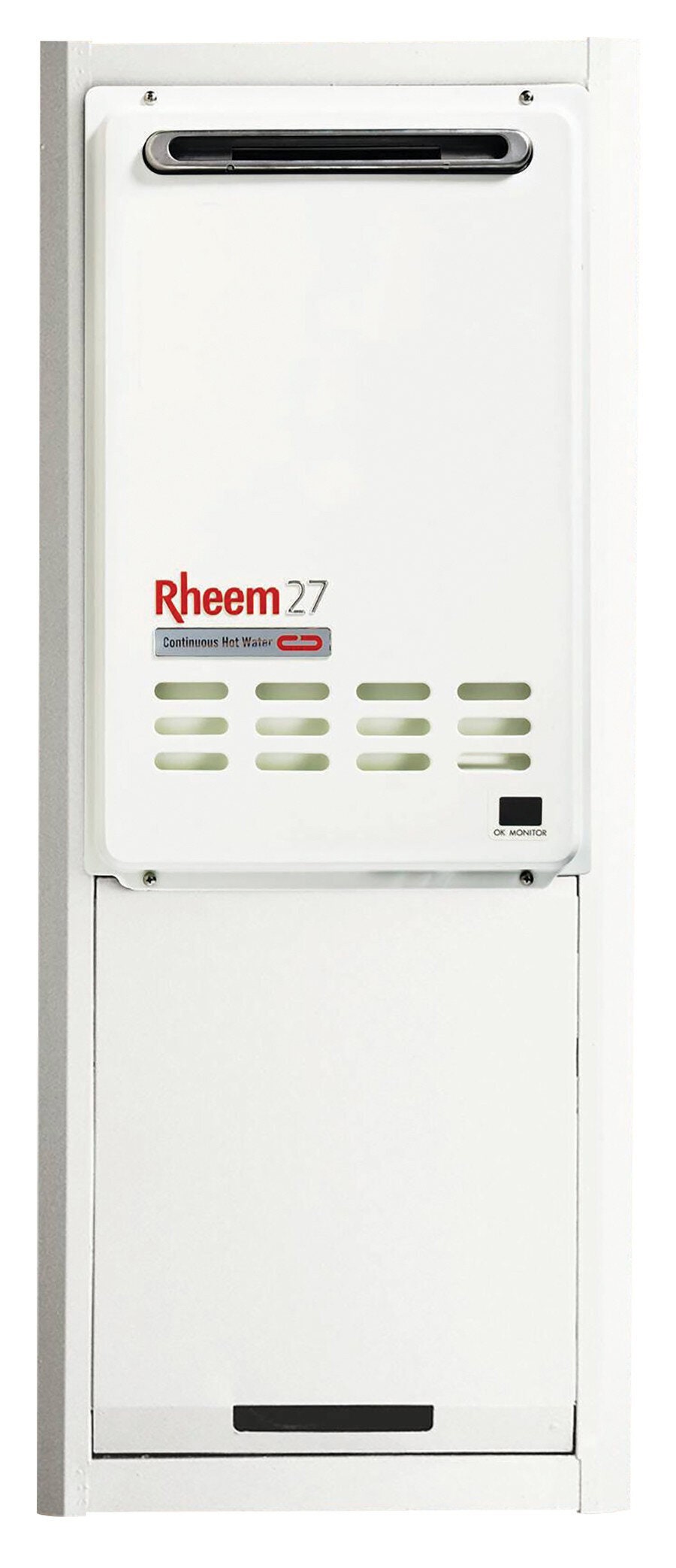 Rheem continuous flow recess box - white galvanised steel - suits 27L models, double brick - 299831WA