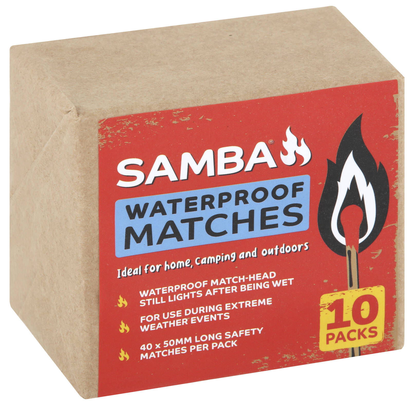Samba Waterproof Matches 50mm - 10 Pack for Camping & Emergency Use