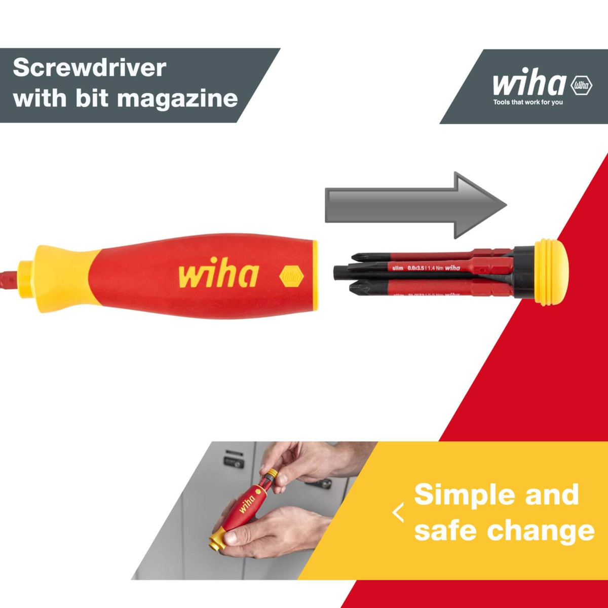 Wiha PocketMax Electric VDE Insulated Bit Magazine with 4 SlimBits, CVM Steel, Yellow/Red