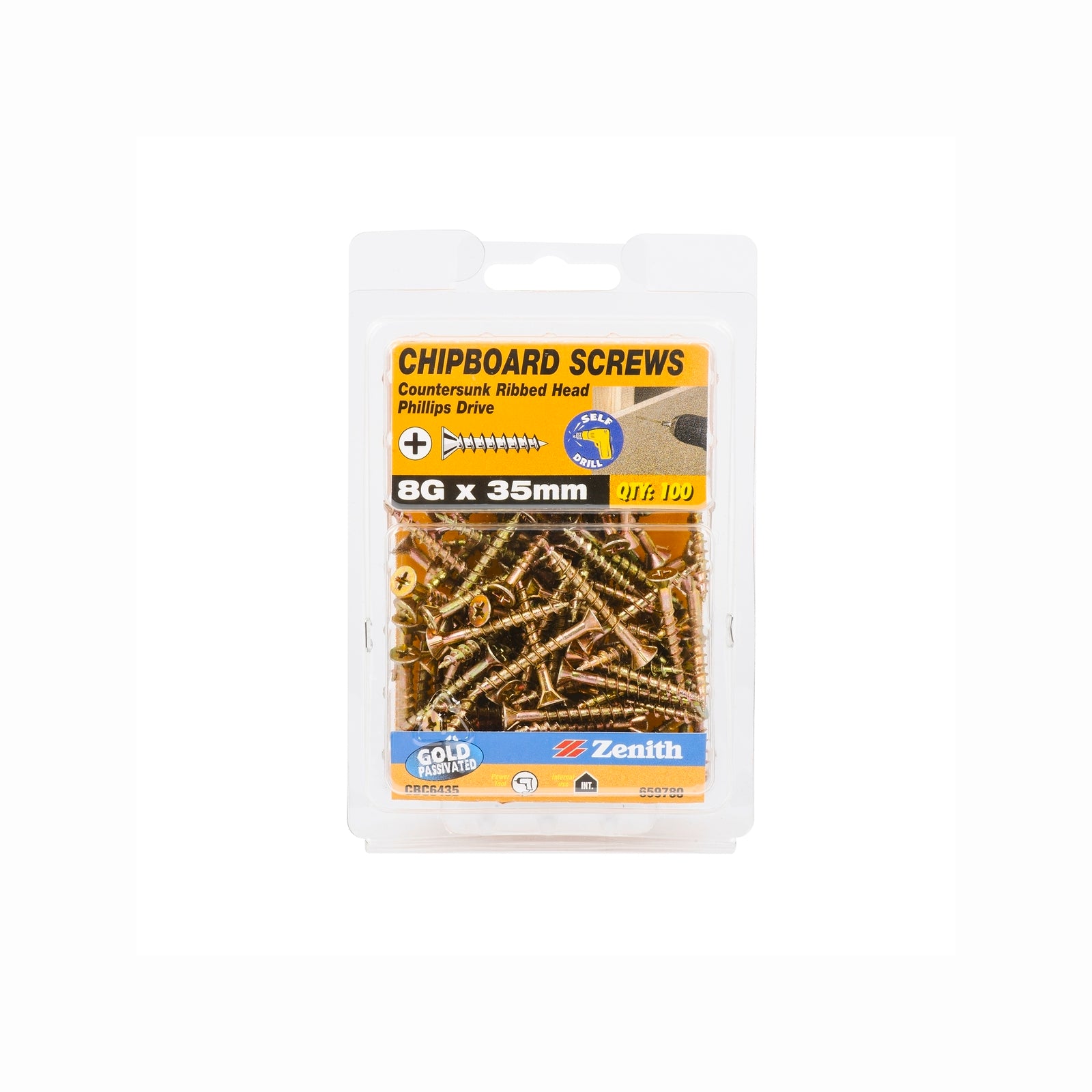 Zenith 8G x 35mm Gold Passivated Countersunk Rib Head Chipboard Screws - 100 Pack