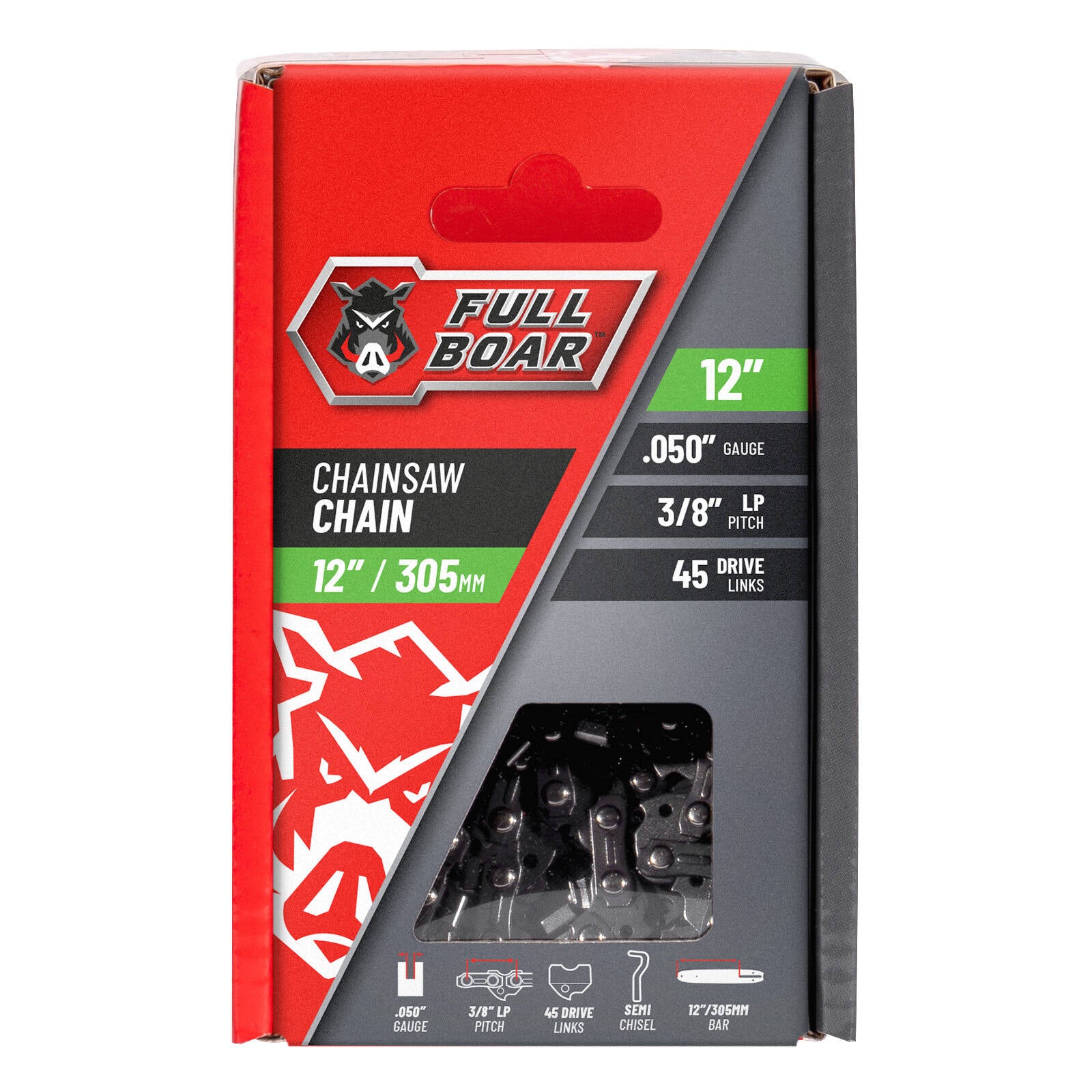 Full Boar 12" / 305mm Chainsaw Chain - 45 Drive Links, 9.53mm Pitch, 0.05 Gauge