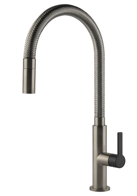 Gessi Pull Out Kitchen Mixer Tap - Brushed Nickel with Black Handle, 360 Degree Spout, 5L/min - 60003BNB
