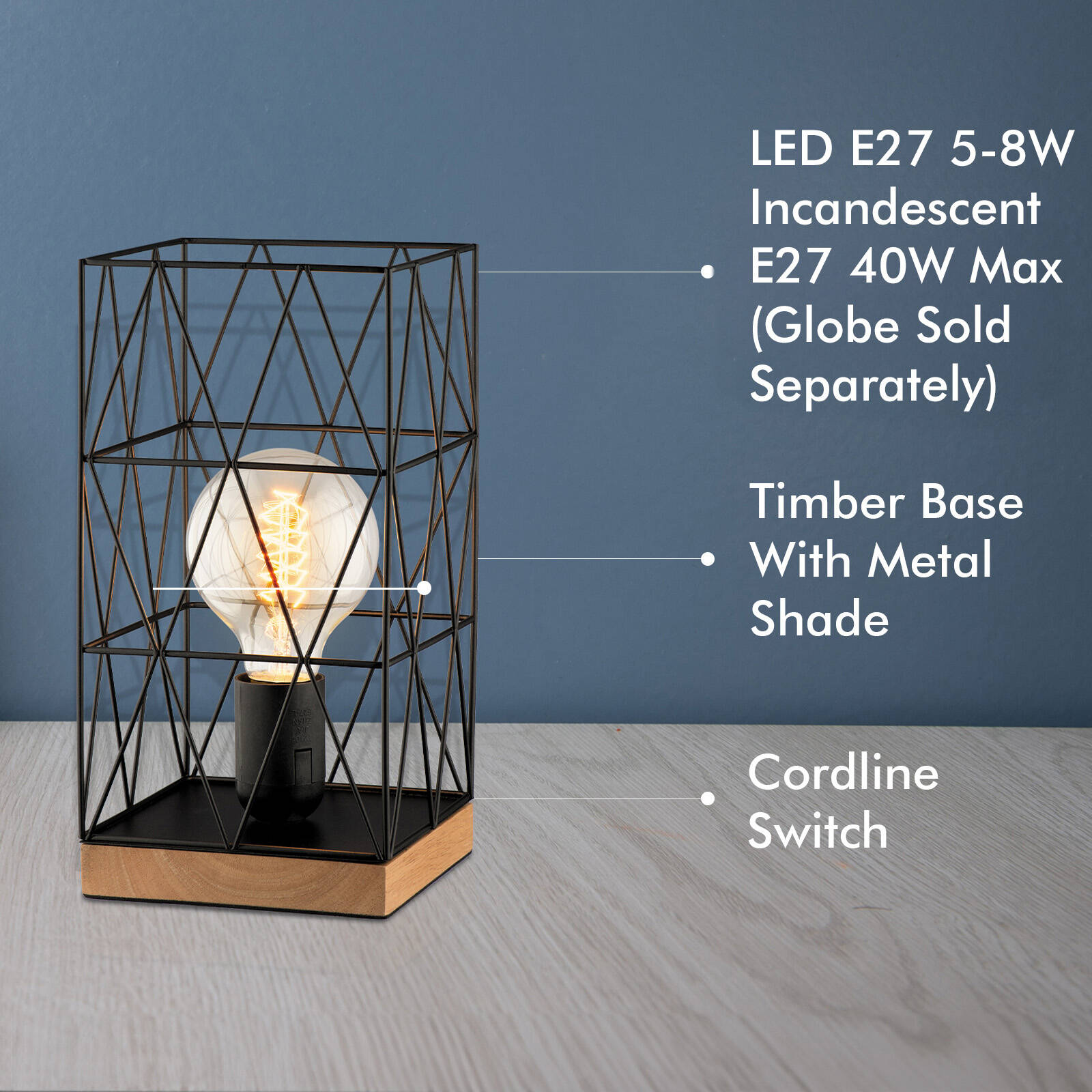 Verve Design Zavier Table Lamp, Black Metal & Wood, E27 40W, Square Shade ATL855BK