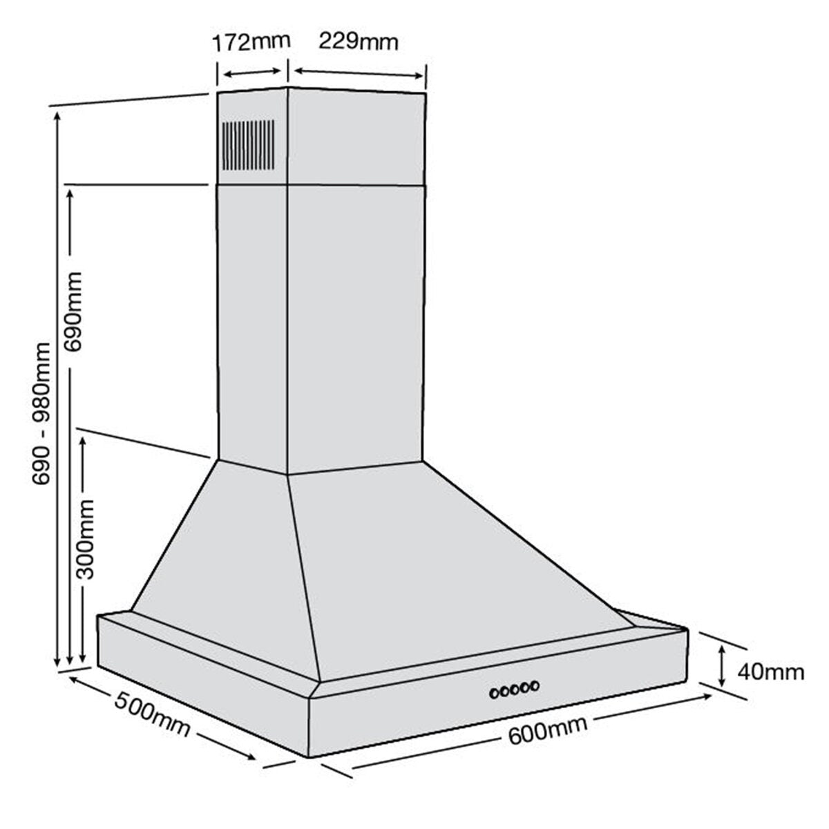 Belling 60cm canopy rangehood - Stainless steel - 800m³/h, 3 fan speeds, push button controls - BC60S