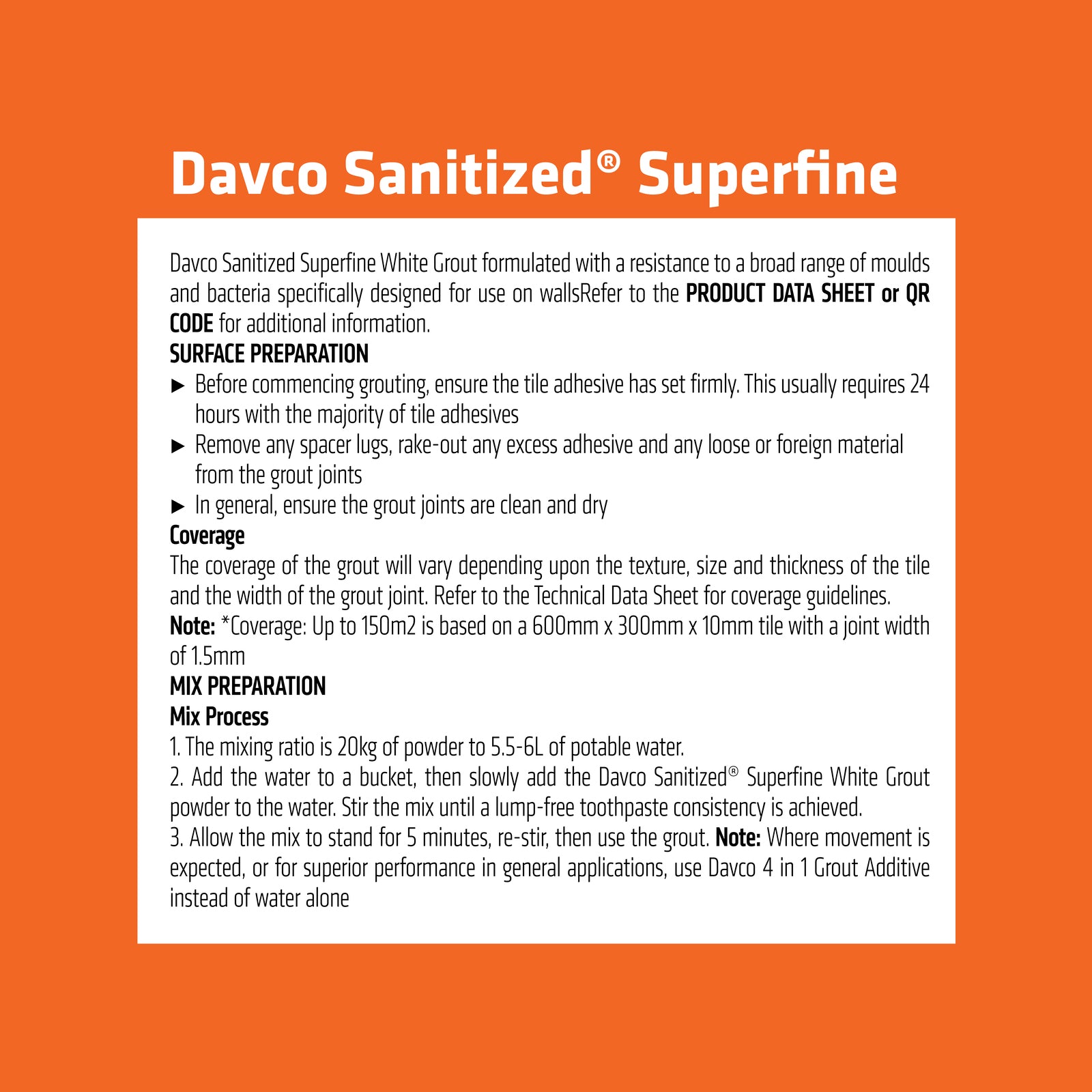 Davco 1.5kg Bright White Superfine Sanitized Grout - Cement Based, Mould Resistant, Wall