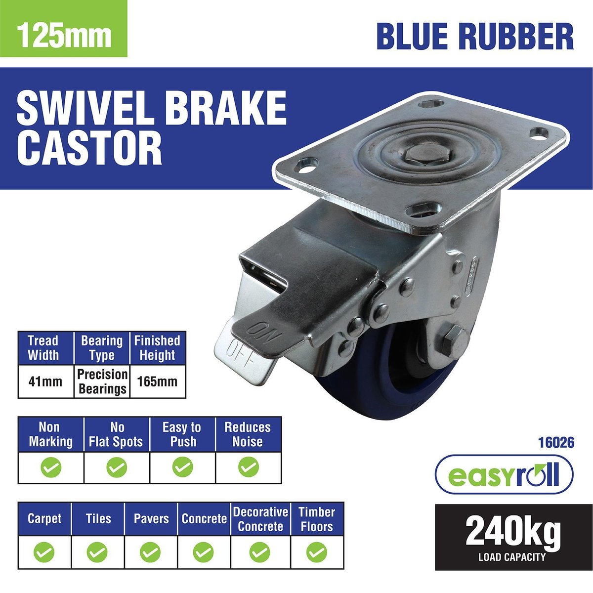 Easyroll 125mm Blue Elastic Rubber Swivel Brake Castor