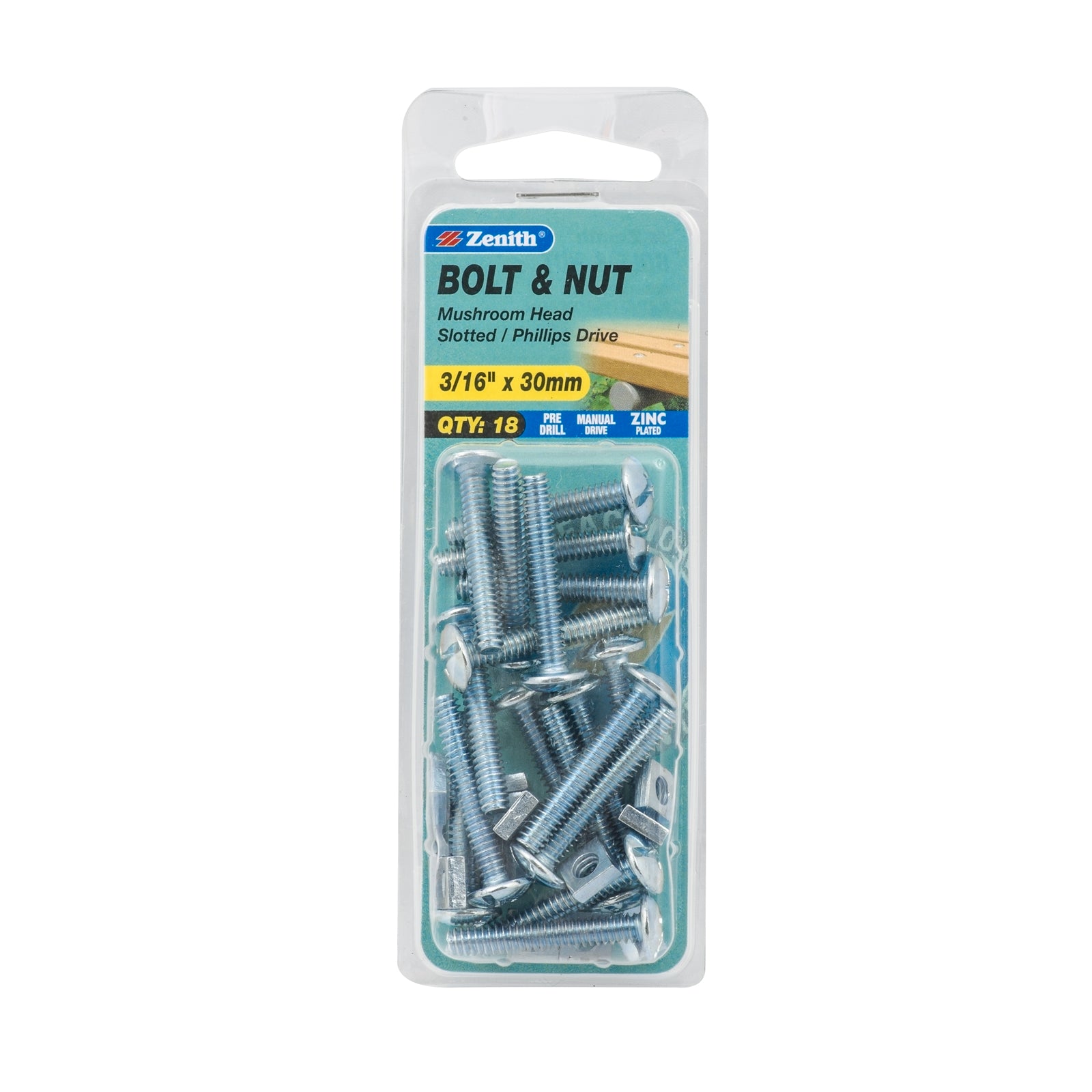 Zenith 3/16" x 30mm Zinc Plated Mushroom Head Bolt and Nut - 18 Pack