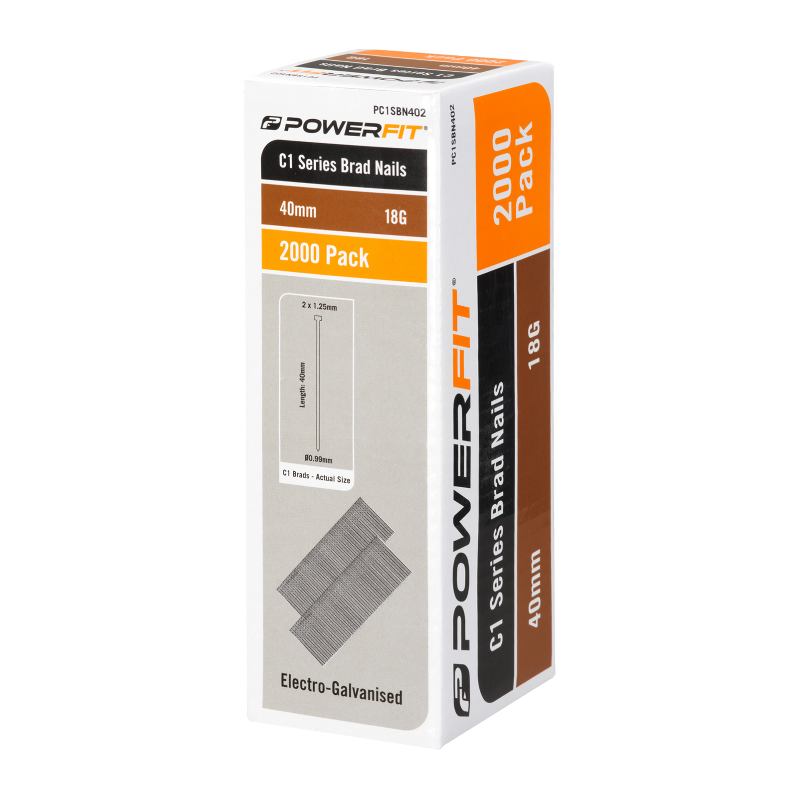 PowerFit 40mm C1 Series Brad Nails 18 Gauge Electro-Galvanised - 2000 Pack