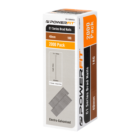 PowerFit 40mm C1 Series Brad Nails 18 Gauge Electro-Galvanised - 2000 Pack