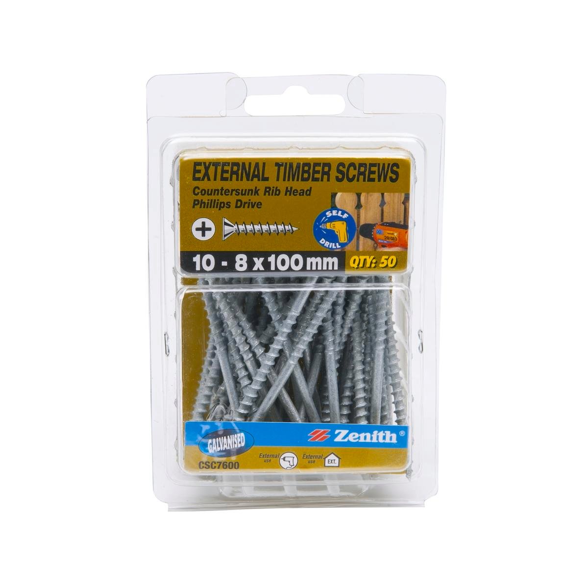 Zenith 10-8 x 100mm Galvanised Countersunk Ribbed Timber Screws - 50 Pack