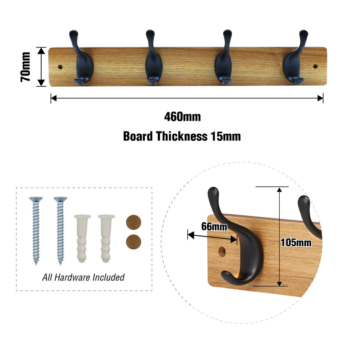 Adoored 4 Double Black Hook Pine Board Decorative Hook Rack, Timber/Steel