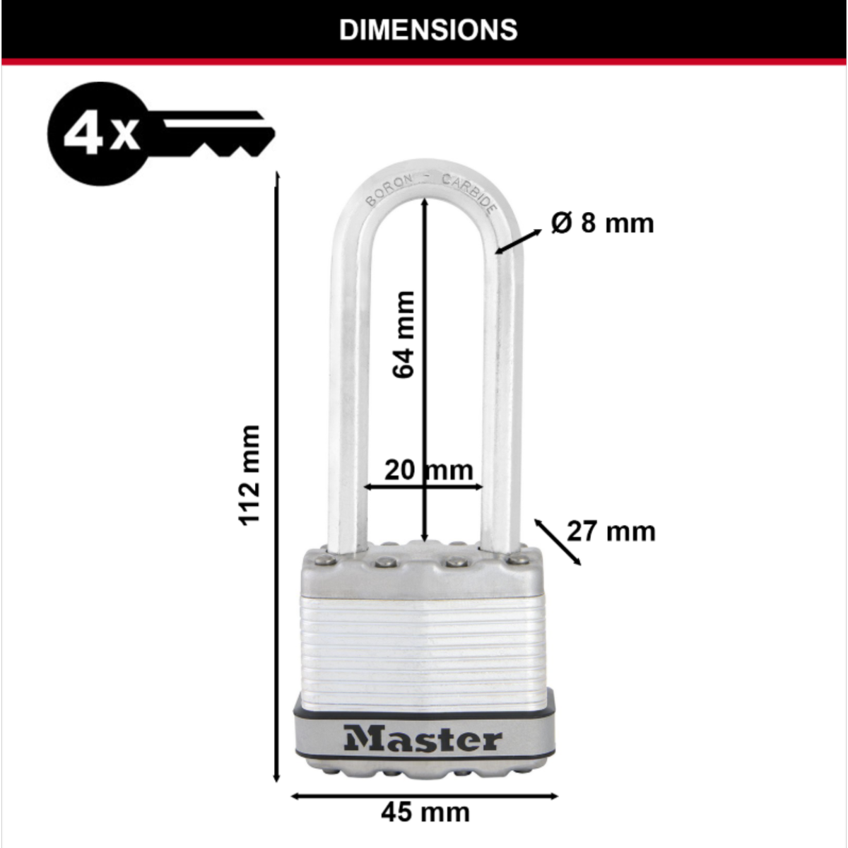 Master Lock 45mm Magnum Padlock with 64mm Extra Long Shackle Laminated Steel