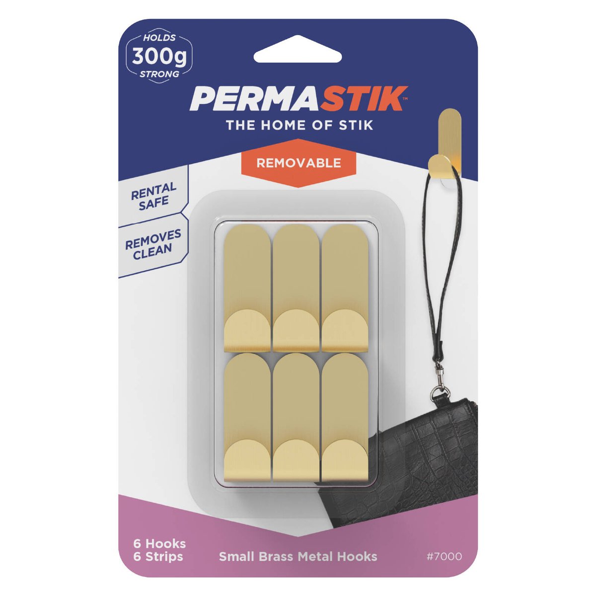 Permastik Small Brass Metal Hooks 6 Pack - Brushed Brass Stainless Steel, Holds 300g