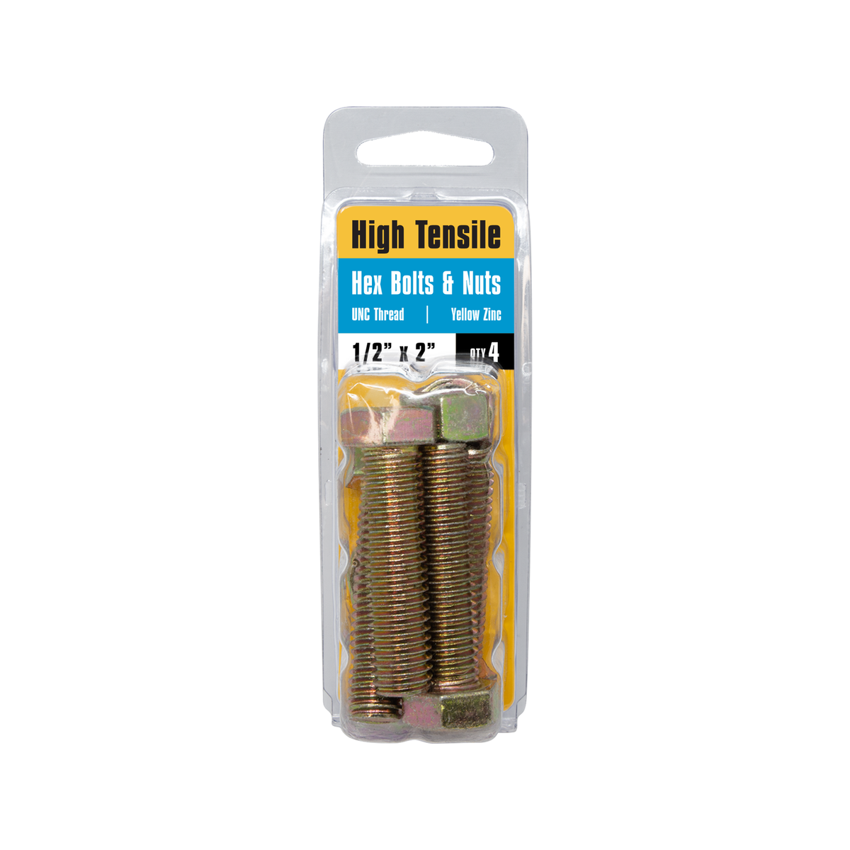 Pinnacle Hardware 1/2 x 2" Yellow Zinc Hi Tensile Hex Bolt and Nut 4 Pack