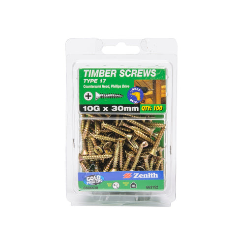 Zenith 10G x 30mm Gold Passivated Type 17 Countersunk Timber Screws - 100 Pack