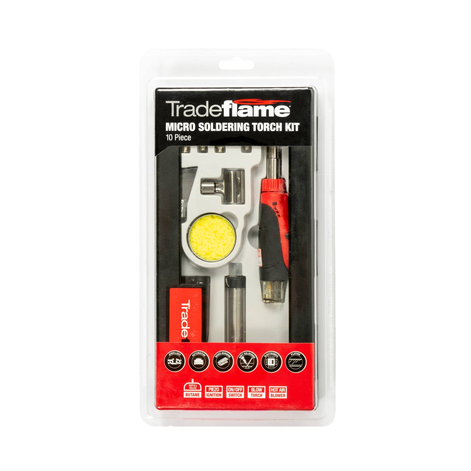 Tradeflame 10 Piece Micro Soldering Torch Kit Butane Refillable, Black/Red