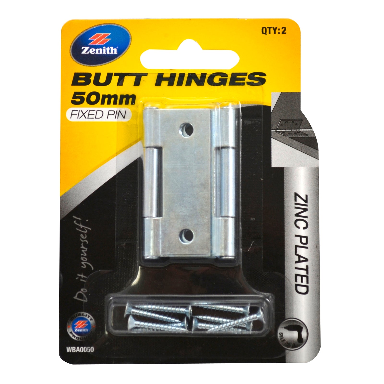 Lane 50mm Zinc Plated Fixed Pin Butt Hinge, Internal Doors, 2 Pack