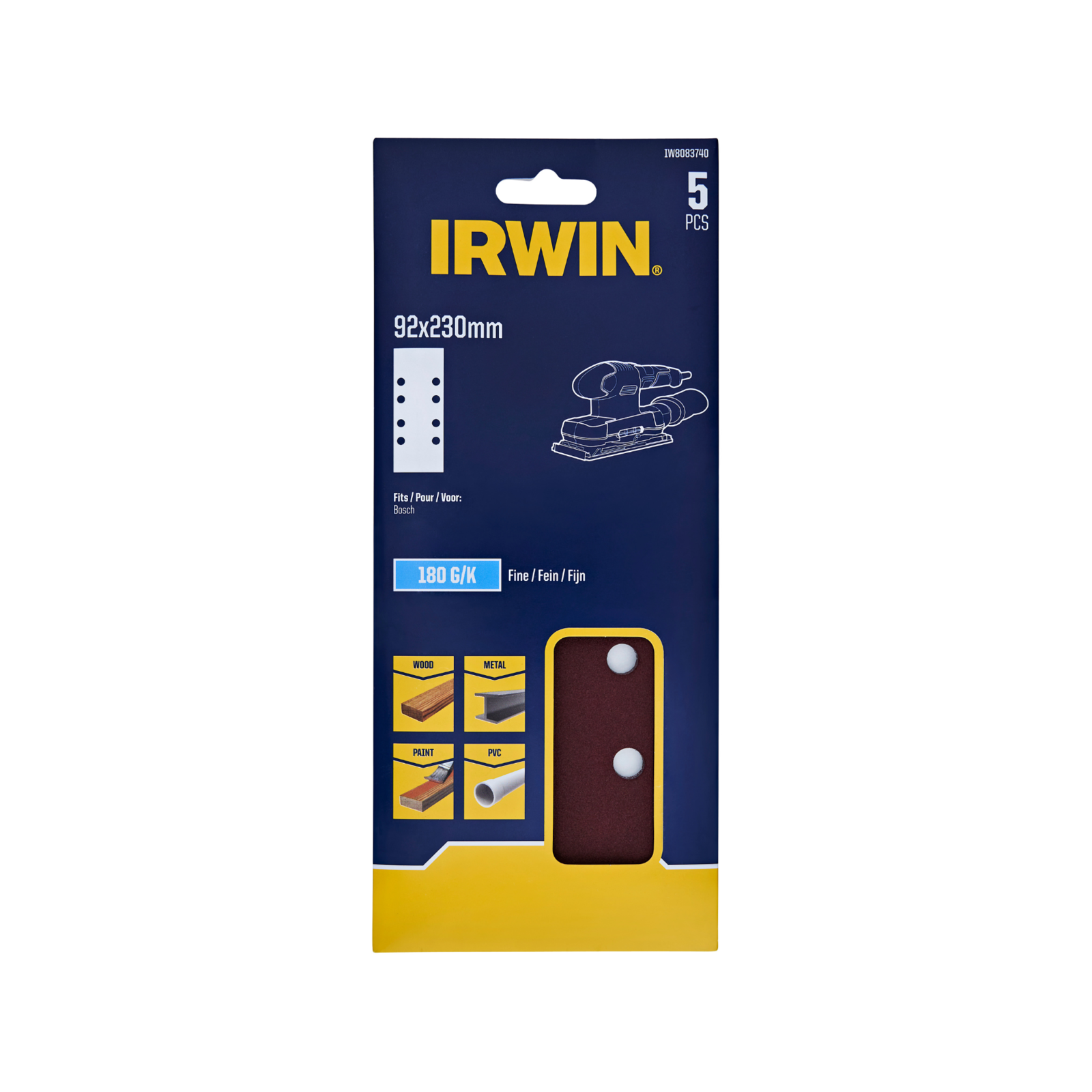Irwin 92 x 230mm 180 Grit 8-Hole 1/3 Punched Sanding Sheets - 5 Pack