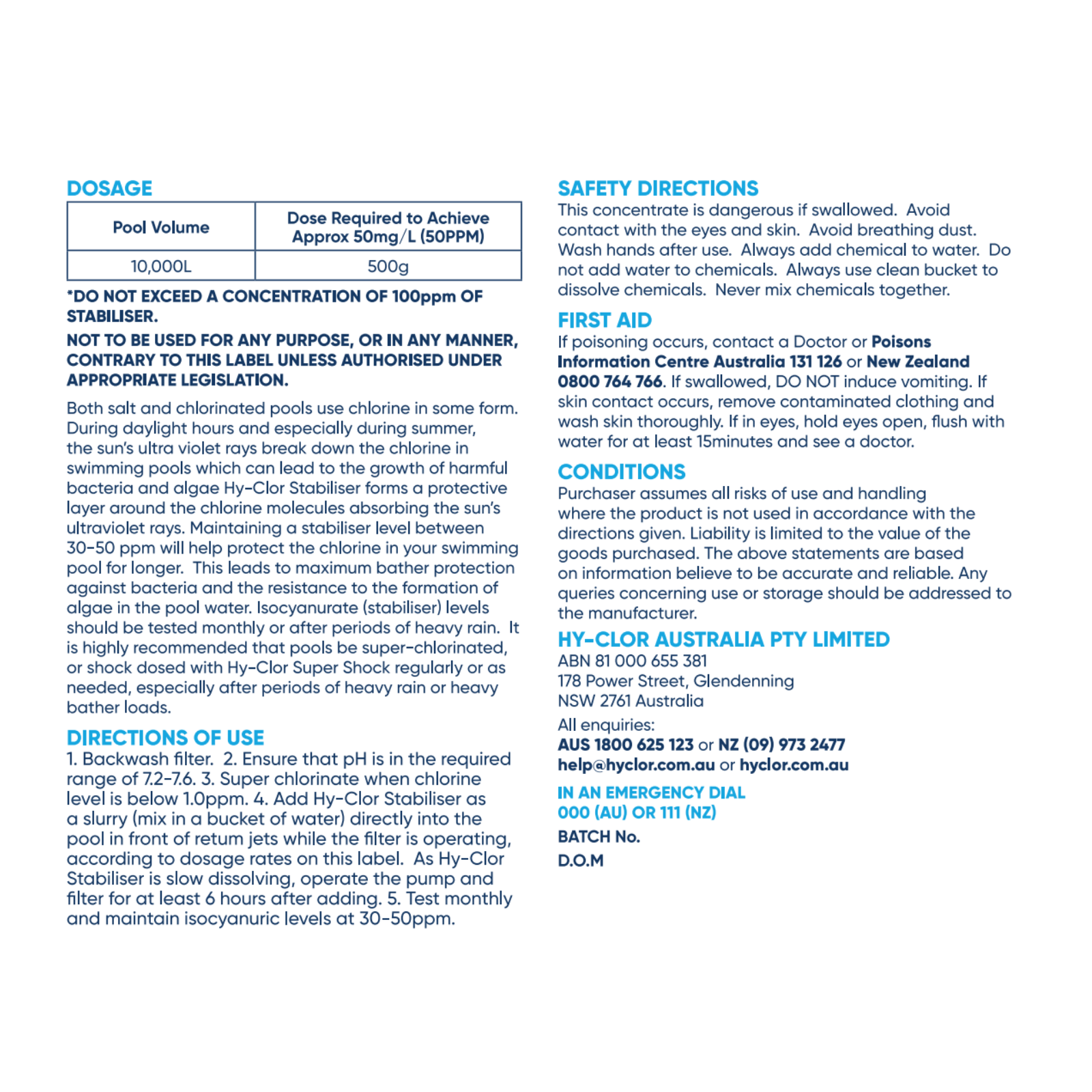Hy-Clor Pool Stabiliser 2kg Isocyanuric Acid Granules UV Protection Soft Pack