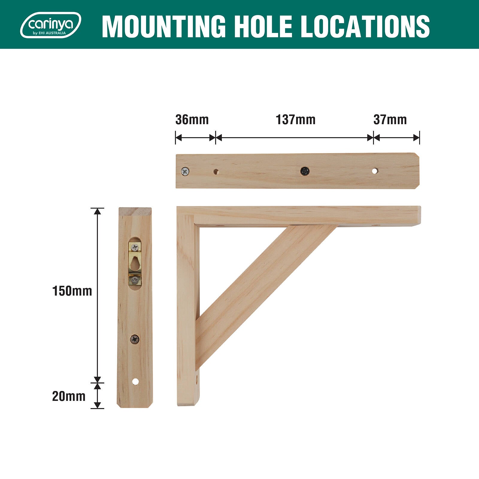 Carinya 210 x 170mm Raw Pine Stayed Bracket Wall Mount 30kg Capacity Indoor
