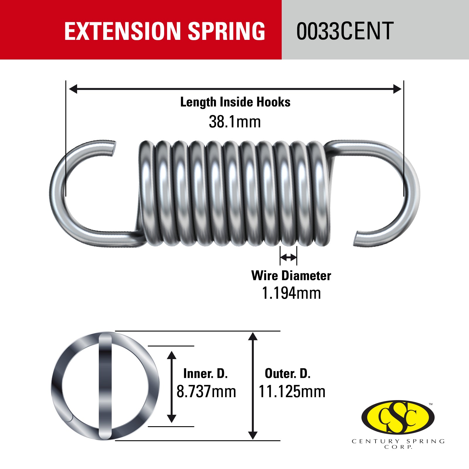 Century Spring Corp Steel Extension Spring 11 x 38.1 x 1.2mm - 2 Pack