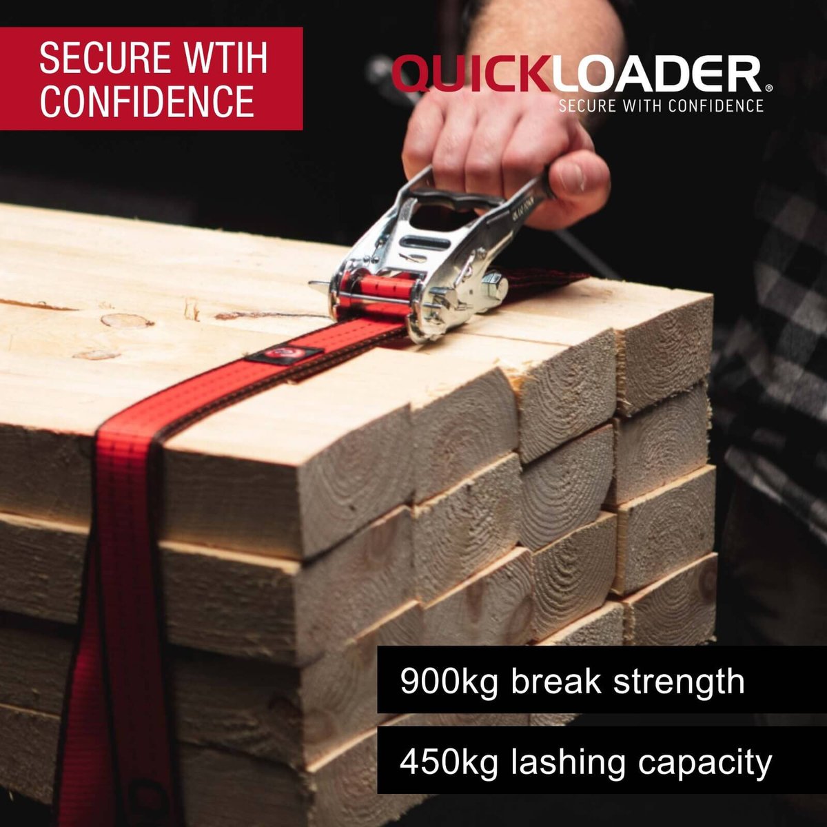 Quickloader Hybrid Ratchet Tie Down Strap 5m 450kg - Red
