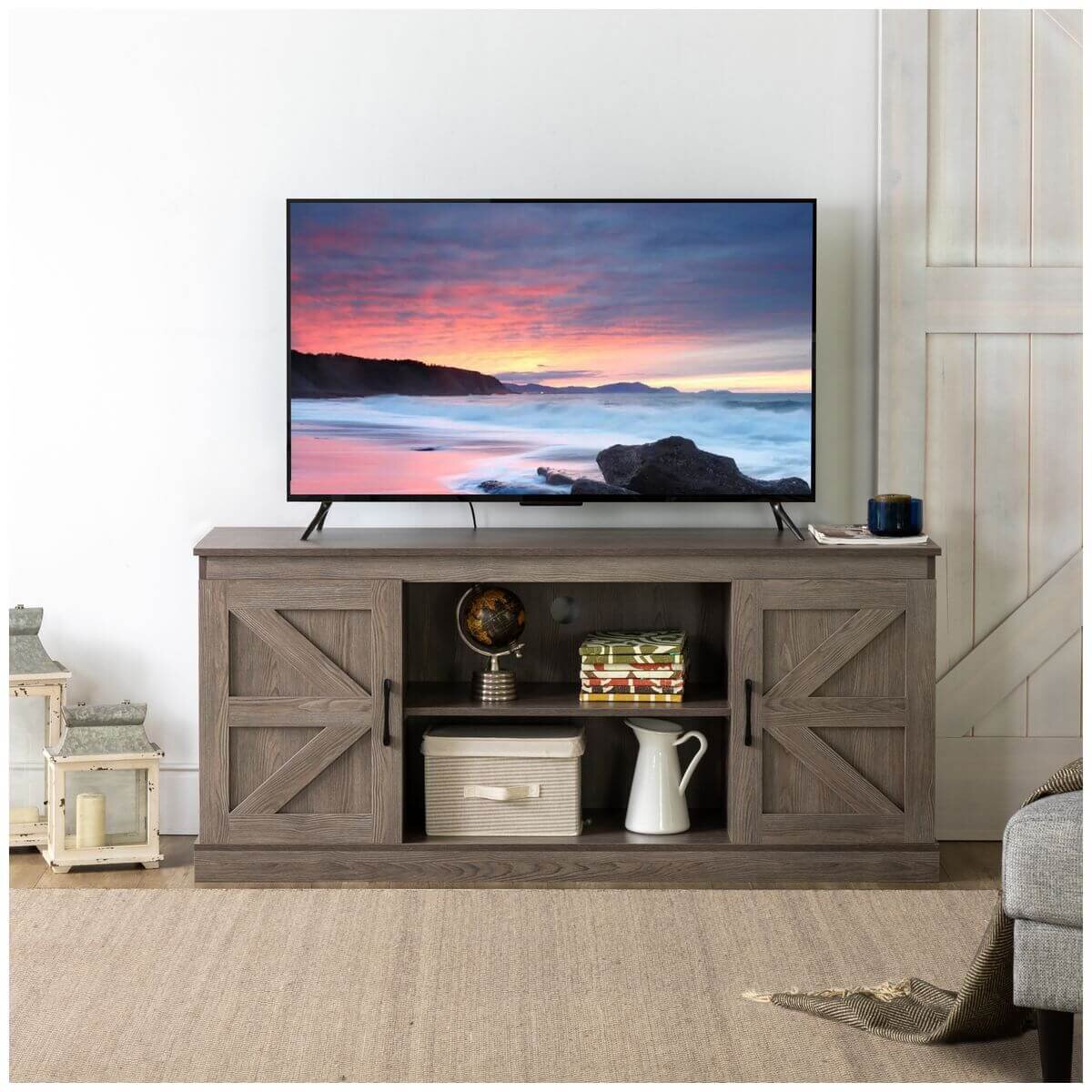 Zinus Wade TV Cabinet - Brown - Three Adjustable Shelves - Cord Ports - Hidden Storage - AU-UTOTV1-16G