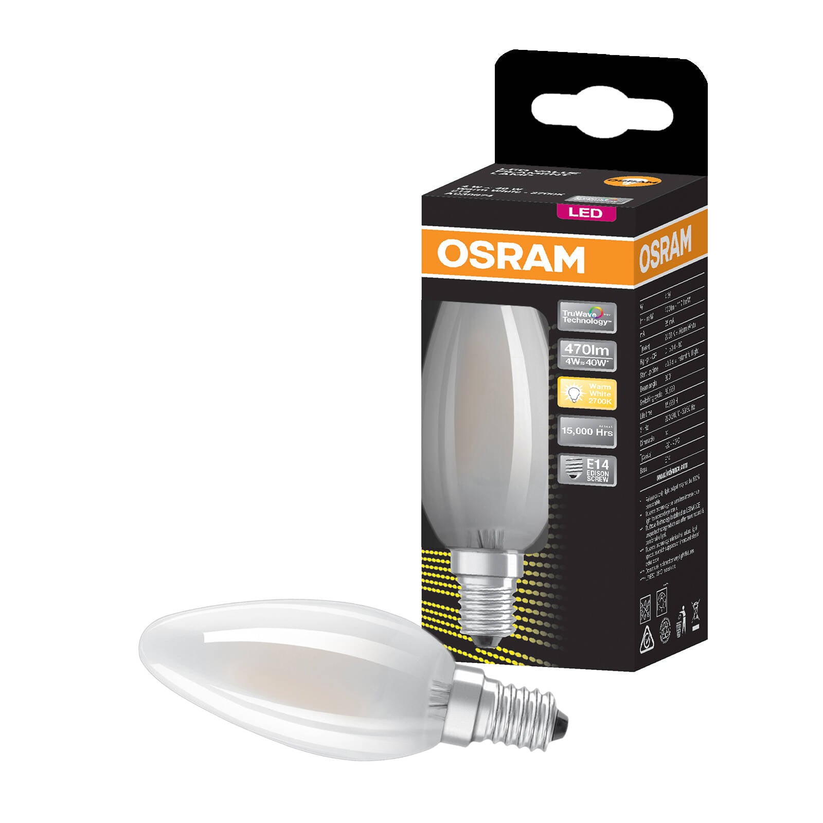 Osram Frosted Filament LED Candle Globe E14 470lm Warm White 4W