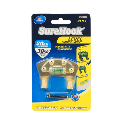 Zenith SureHook 20/30kg Brass Plated Level Picture Hanger - Removable Level