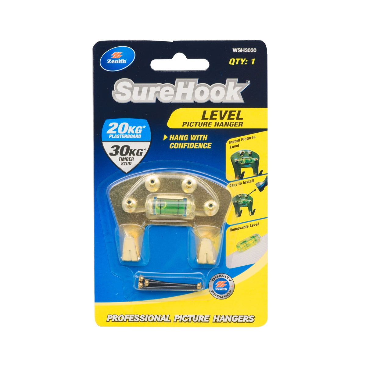 Zenith SureHook 20/30kg Brass Plated Level Picture Hanger - Removable Level