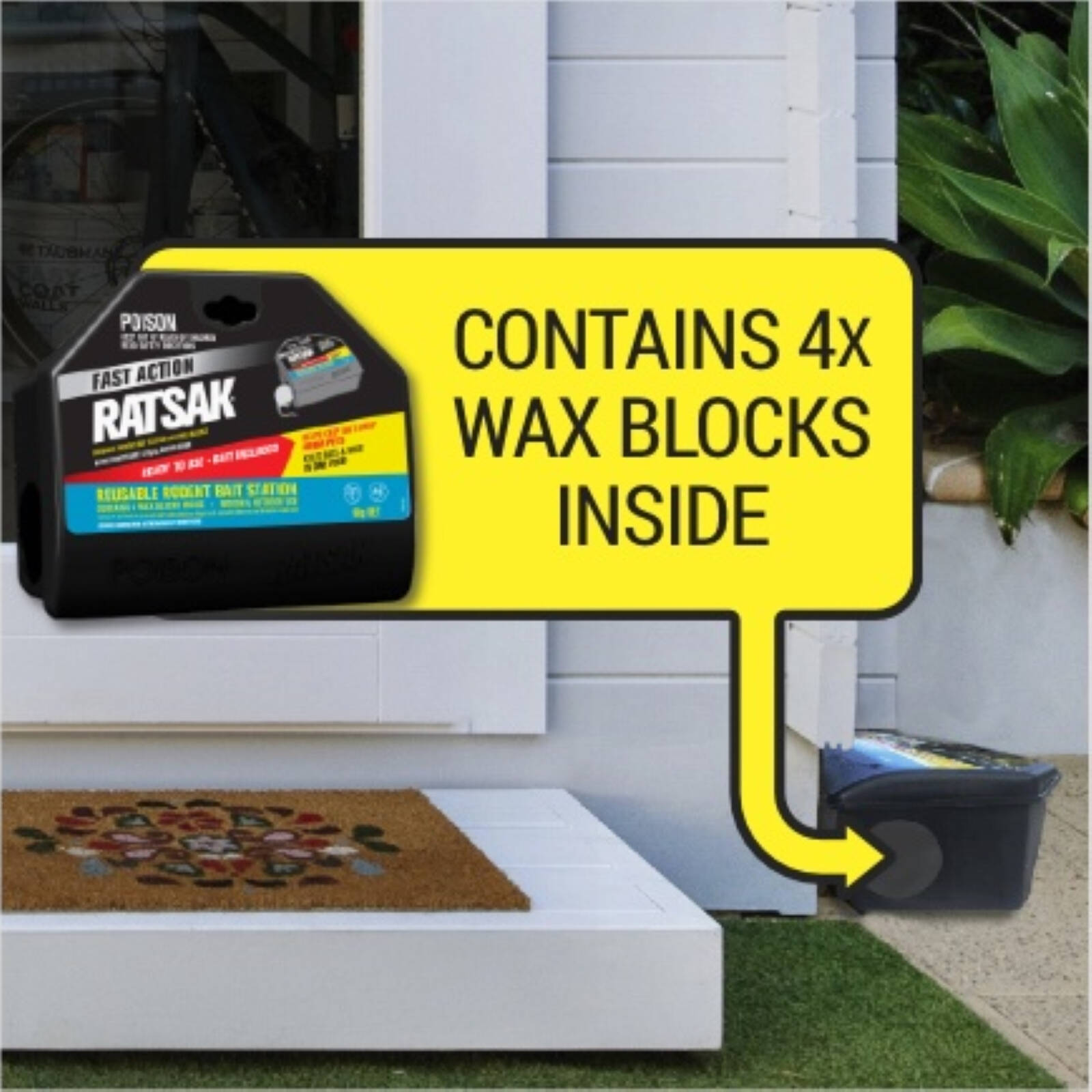 RATSAK Fast Action Reusable Rodent Bait Station with 4 Wax Blocks, Lockable, Indoor & Outdoor