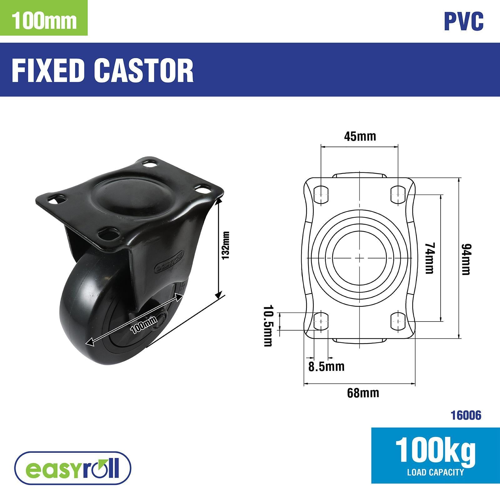 Easyroll 100mm Black PVC Castor 100kg Indoor Outdoor