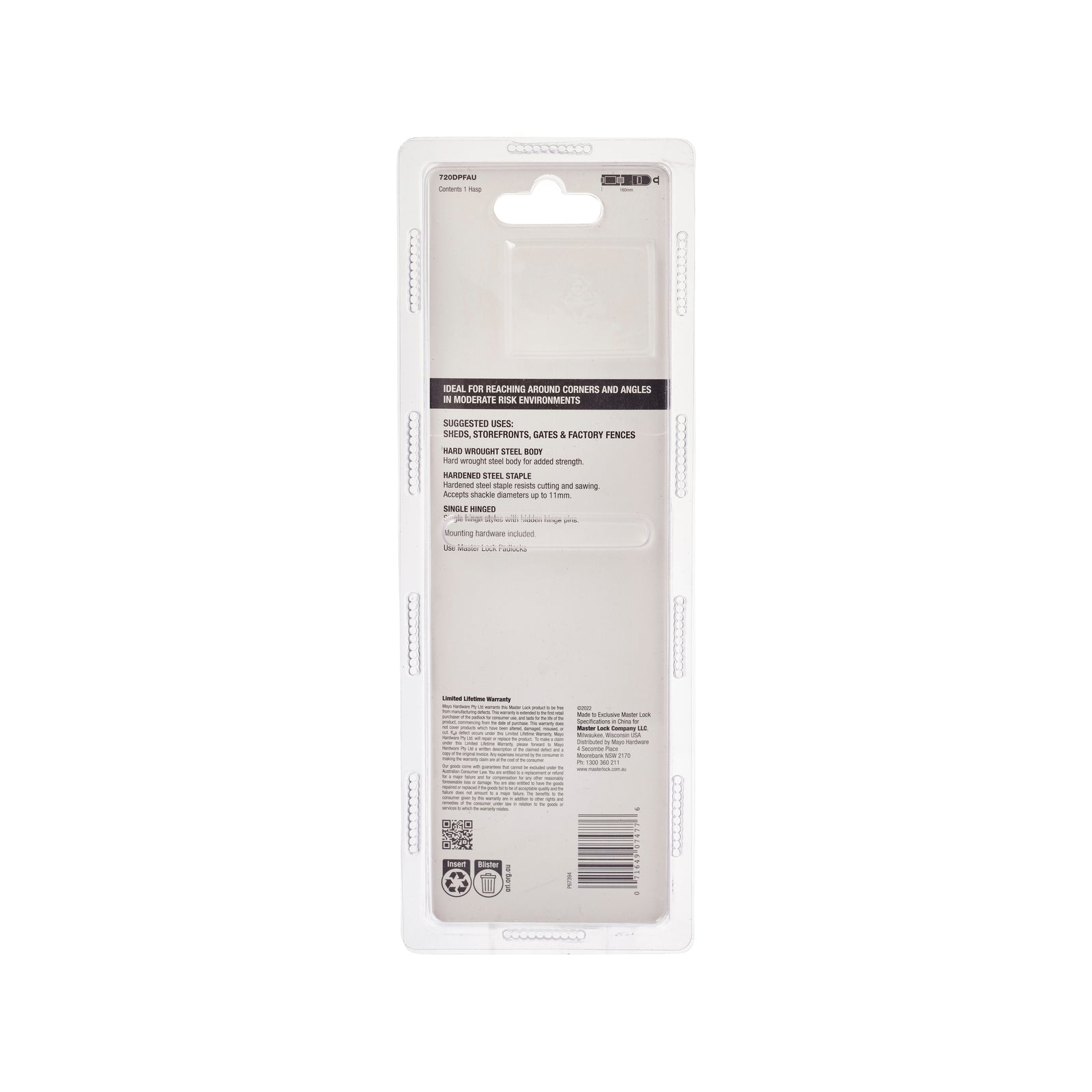 Master Lock 160mm Single Hinged Hasp and Staple - Hard Wrought Steel, Hardware Included