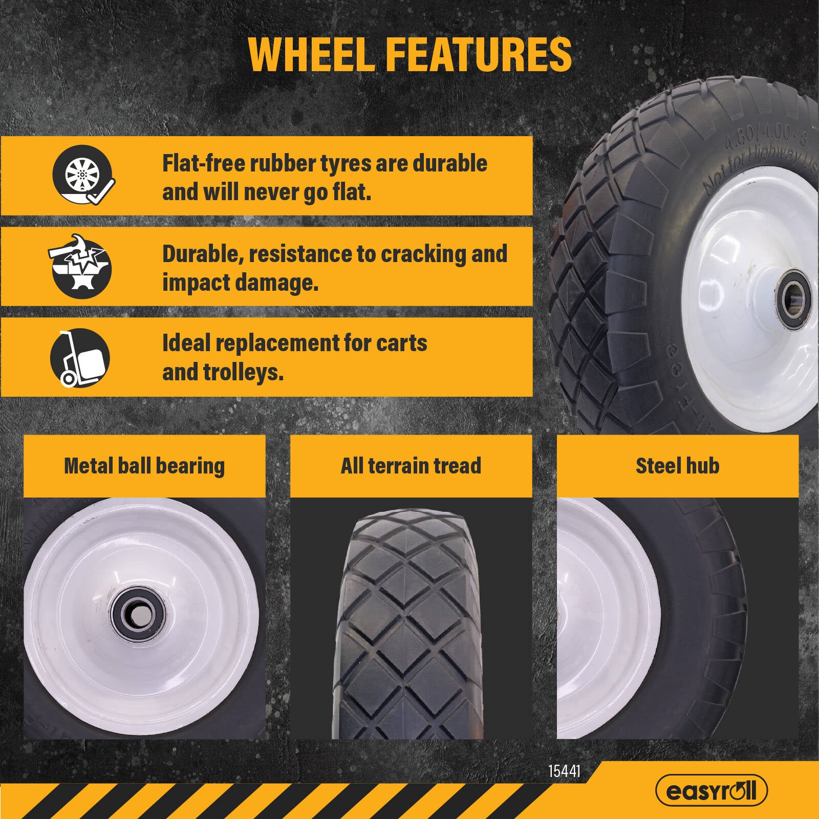 Easyroll 4.0 x 8" Flat Free Puncture Proof Wheelbarrow Wheel, PU Foam Steel, 150kg