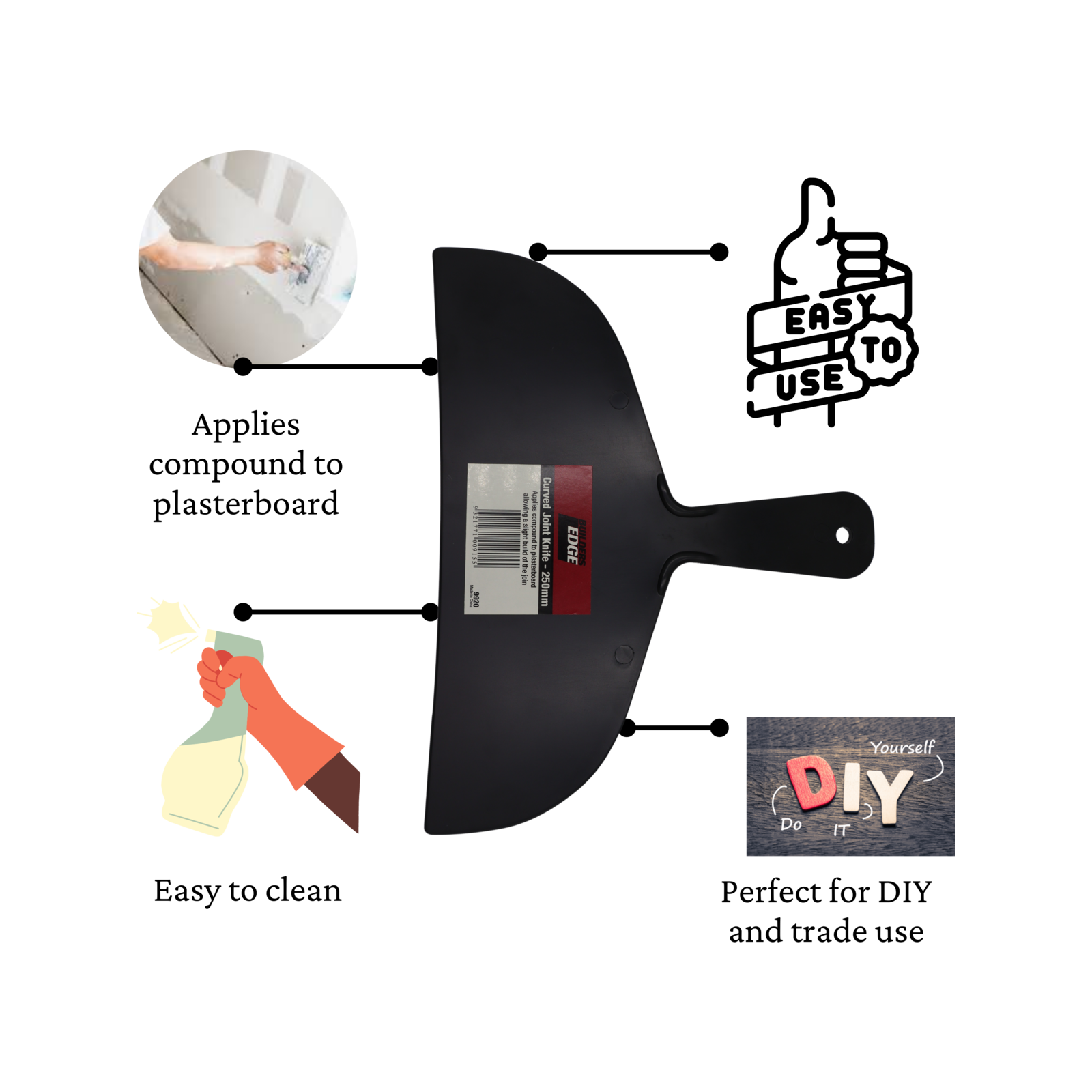 Builders Edge 250mm Plastic Curved Joint Plaster Knife Black