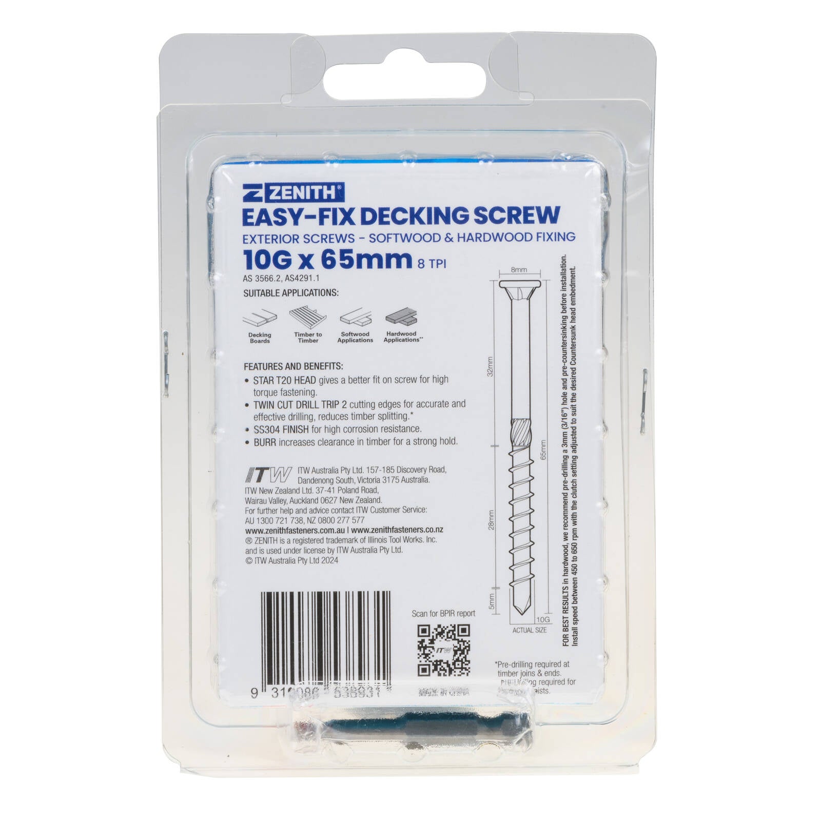 Zenith Easy-Fix Decking Screw T20 10G x 65mm SS304 Stainless, 50 Pack
