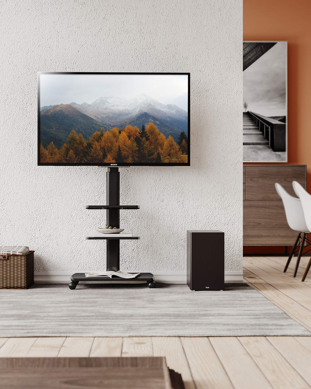 Mobile TV Stand on Wheels for 32-70 Inch TVs - Black - 3 Shelf Rolling Cart, Height Adjustable, Swivel, Holds 40kg