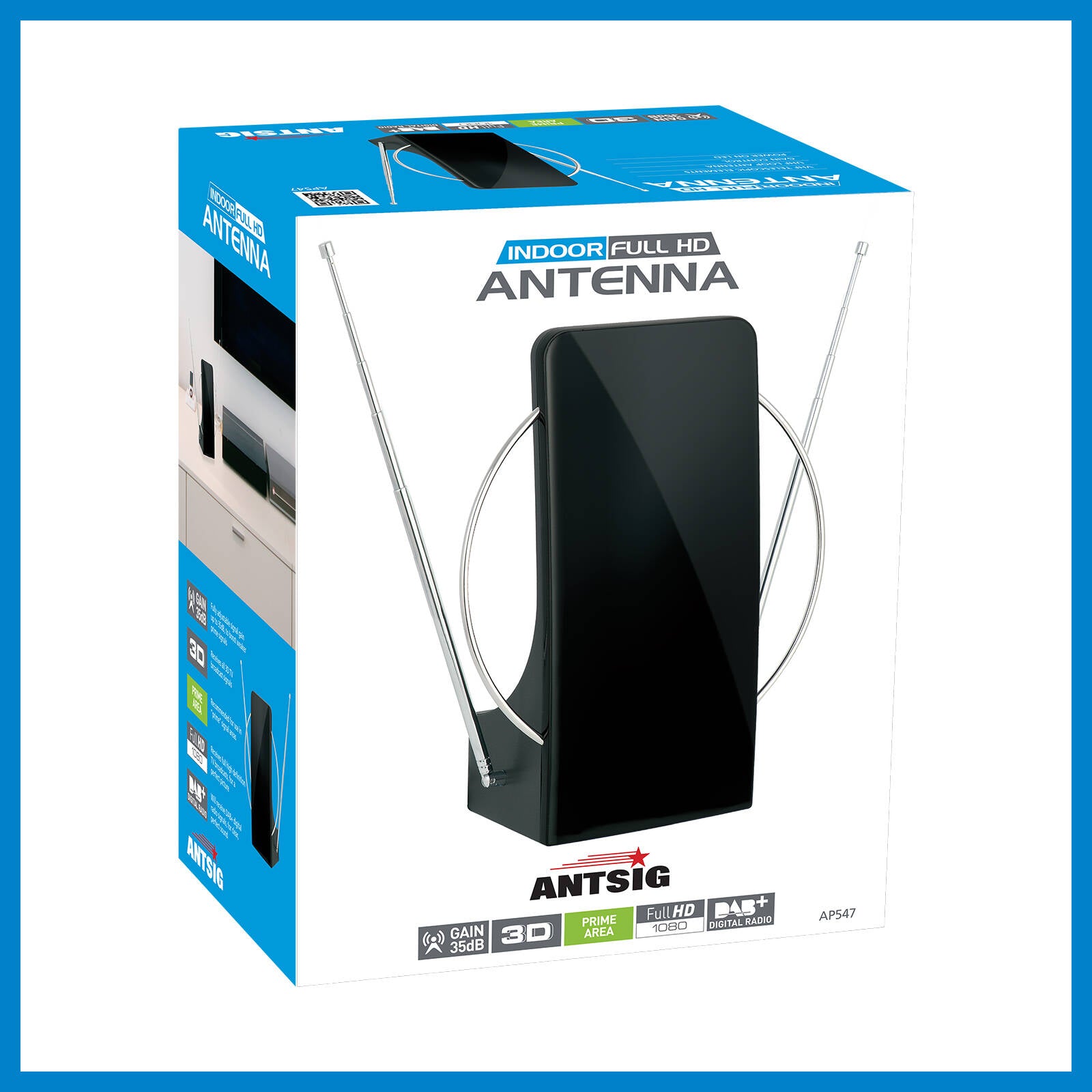 Antsig Digital Indoor Amplified Antenna - 35dB Gain, Telescopic VHF/UHF, Black AP547