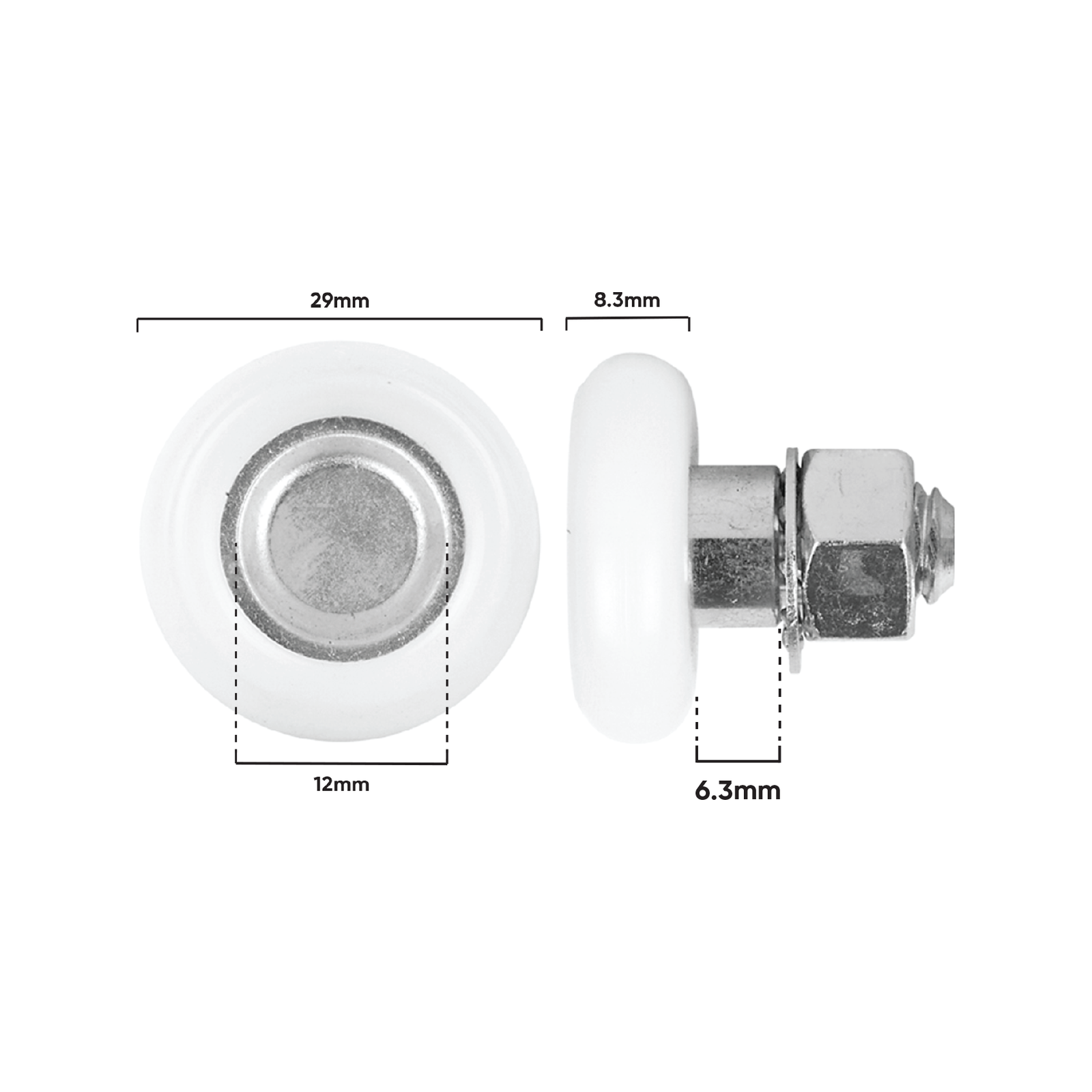 Rolltrak 29mm White Acetal Convex Roller with Threaded Stud - Patio Door