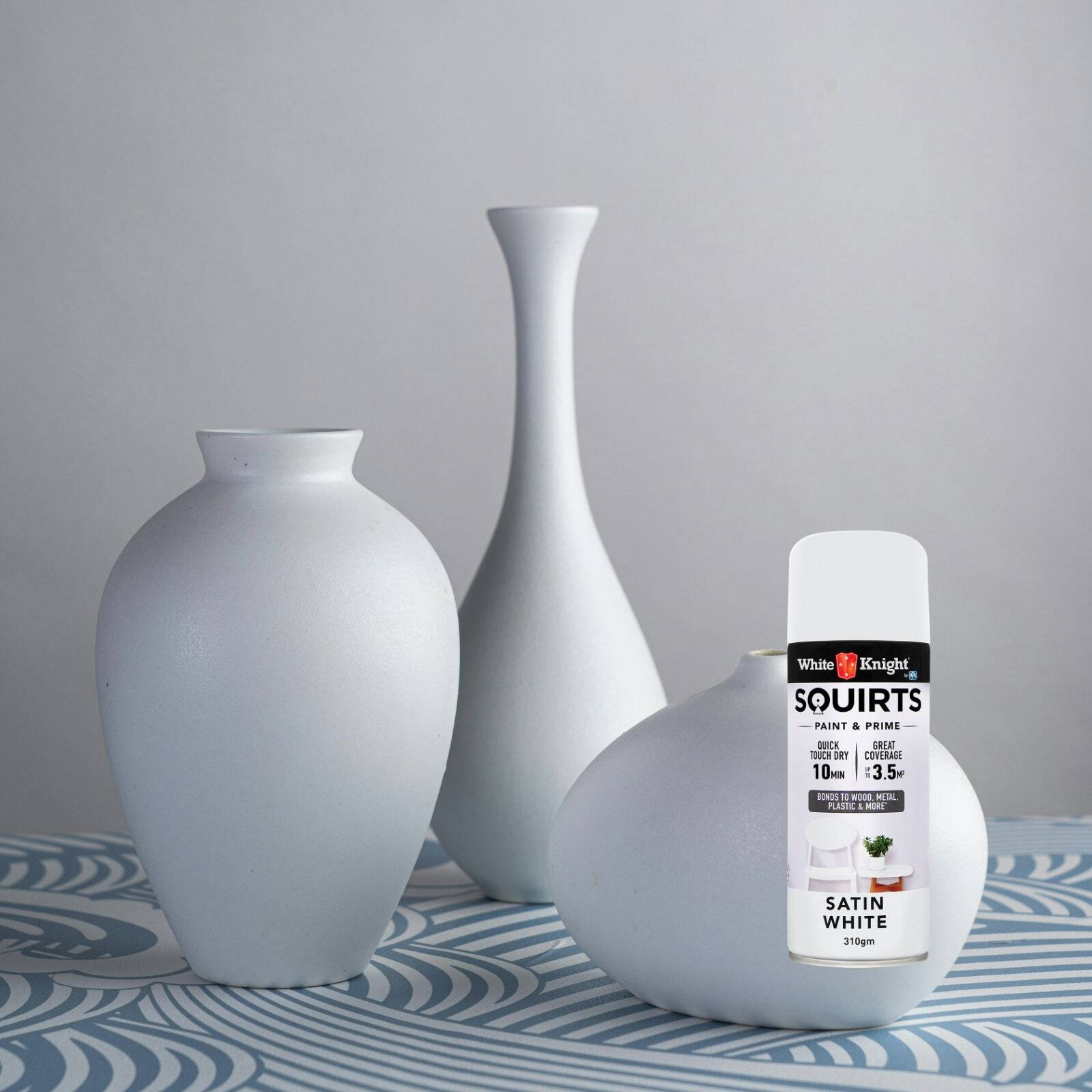 White Knight Squirts White Satin Spray Paint 310g - Solvent-Based Paint & Primer, Waterproof