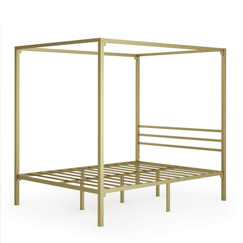 Zinus Double Metal Canopy Bed Frame - Gold Steel Frame, Slatted Support, 250kg Capacity - AU-CPBFG-D