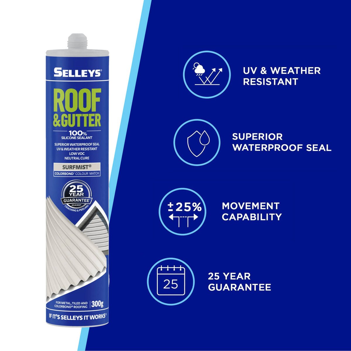 Selleys Roof and Gutter Silicone Sealant Surfmist 300g - Waterproof, UV Resistant Silicone Polymer