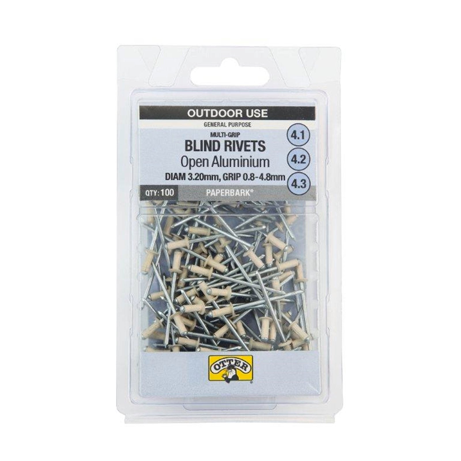 Otter Paperbark 3.2 x 0.8-4.8mm Multi-Grip Open Aluminium Blind Rivets 100 Pack