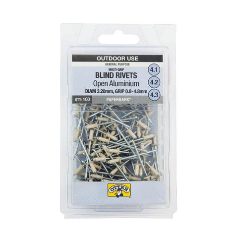 Otter Paperbark 3.2 x 0.8-4.8mm Multi-Grip Open Aluminium Blind Rivets 100 Pack