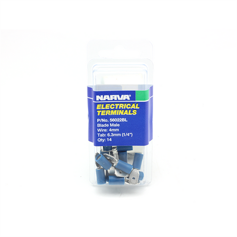 Narva 4mm Blue Insulated Flared Vinyl Male Blade Terminal - 14 Pack