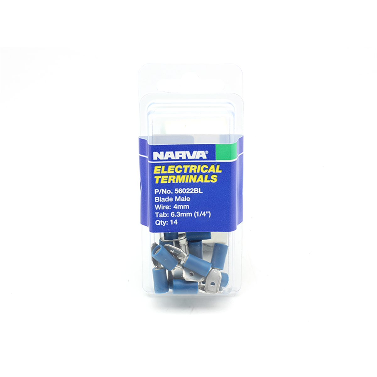 Narva 4mm Blue Insulated Flared Vinyl Male Blade Terminal - 14 Pack