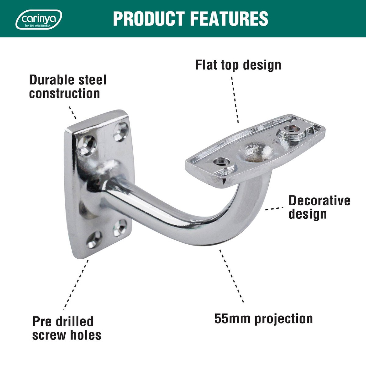 Carinya Handrail Bracket - 46mm x 55mm - Chrome Plated - Corrosion Resistant - SuperSaverAU - view 5