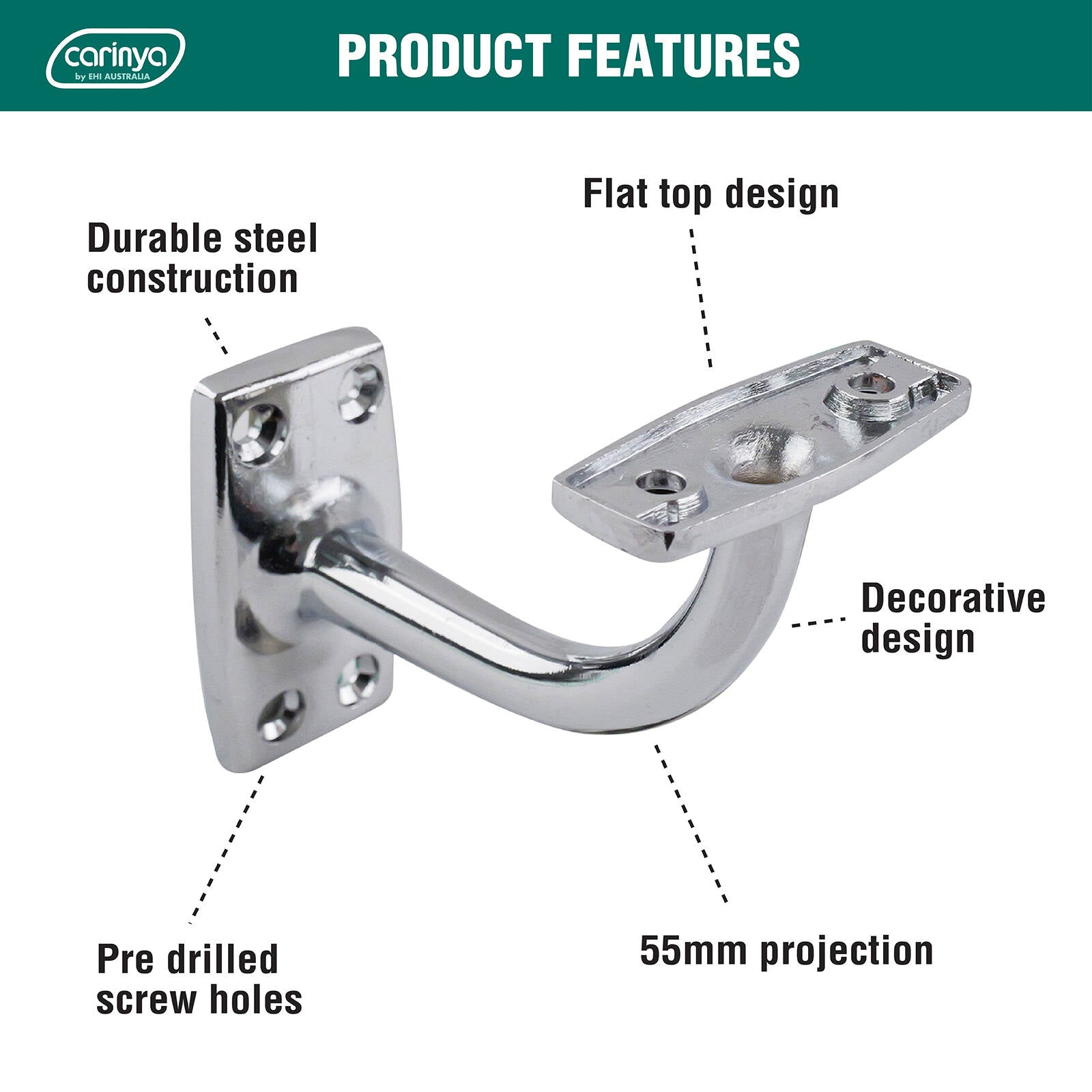 Carinya 46 x 55mm Chrome Plated Steel Flat Top Curved Handrail Bracket