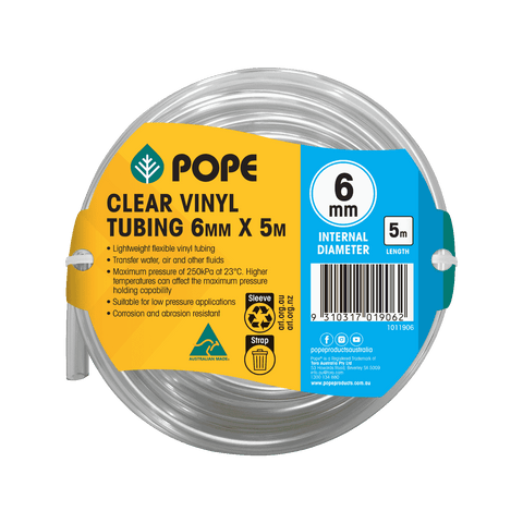 Pope 6mm x 5m Clear Vinyl Tubing - Flexible PVC Hose for Indoor & Outdoor
